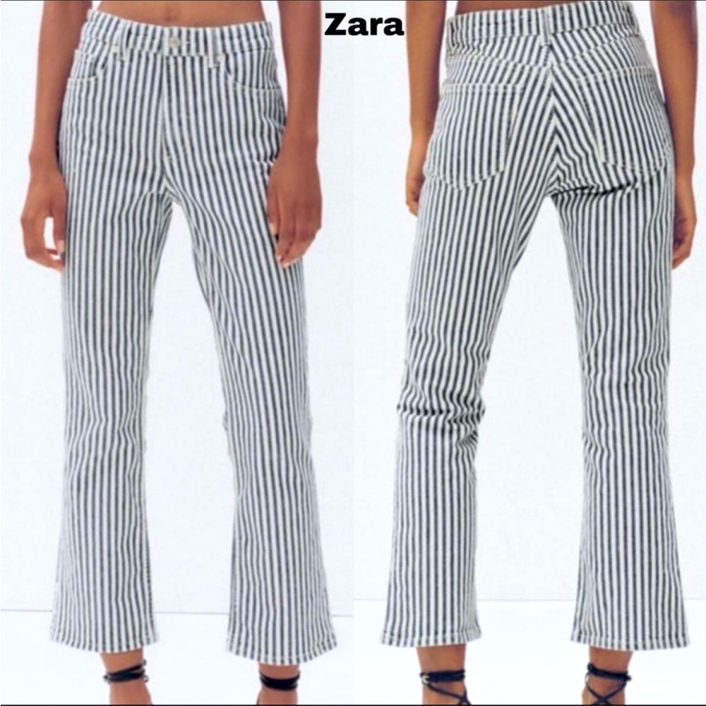 Zara Black and White Striped Ankle Jeans